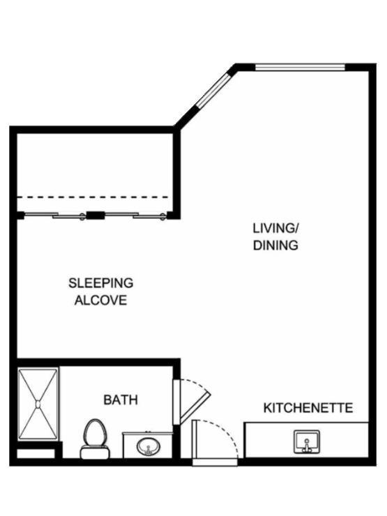 Cozy layout featuring a living area, kitchenette, and private sleeping alcove, perfect for comfort and community.