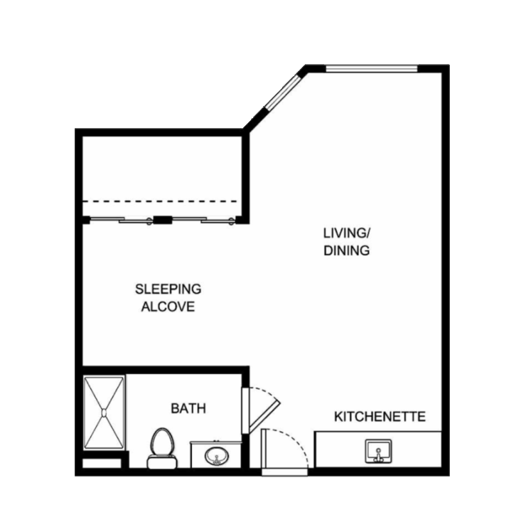 Cozy layout featuring a living area, kitchenette, and private sleeping alcove, perfect for comfort and community.
