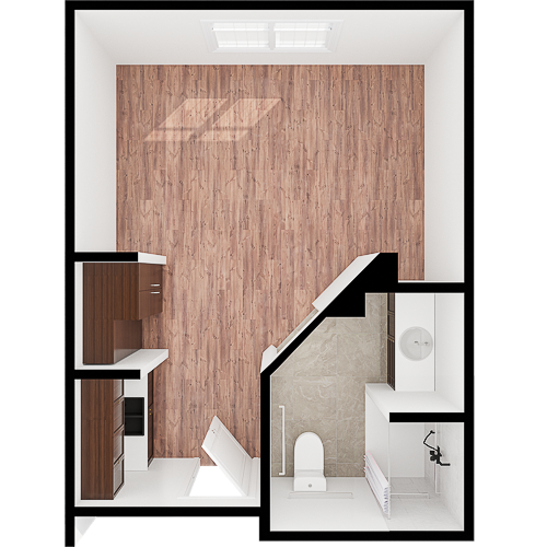 An inviting living space featuring warm wood flooring, a well-equipped kitchenette, and a serene atmosphere.