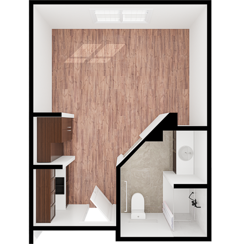 This thoughtfully designed space features natural light, welcoming wood tones, and essential amenities, perfect for fostering community and comfort.