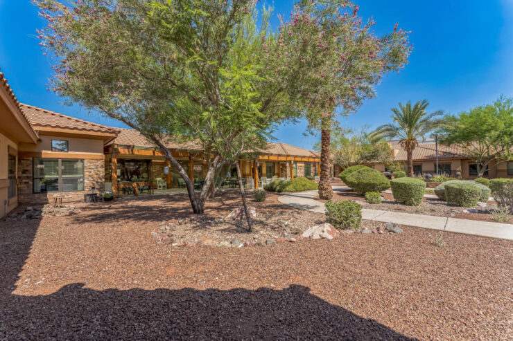 A welcoming outdoor space with lush greenery and pathways, perfect for community gatherings and relaxation.