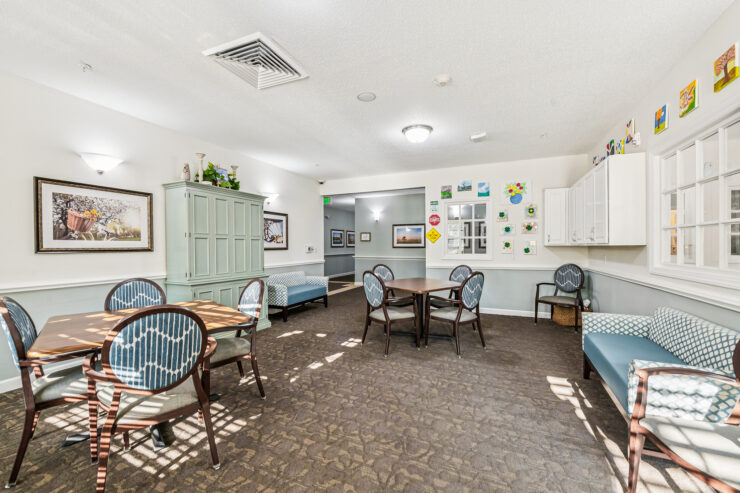 Bright and inviting communal space, featuring comfortable seating and a welcoming atmosphere for residents.