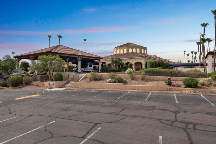 A welcoming community space surrounded by lush landscaping, perfect for relaxation and connection.