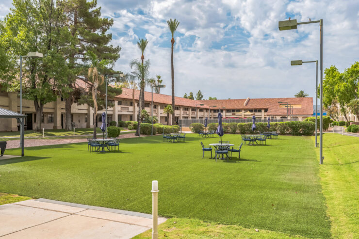 Lush green space with inviting seating areas creates a welcoming atmosphere for community gatherings.