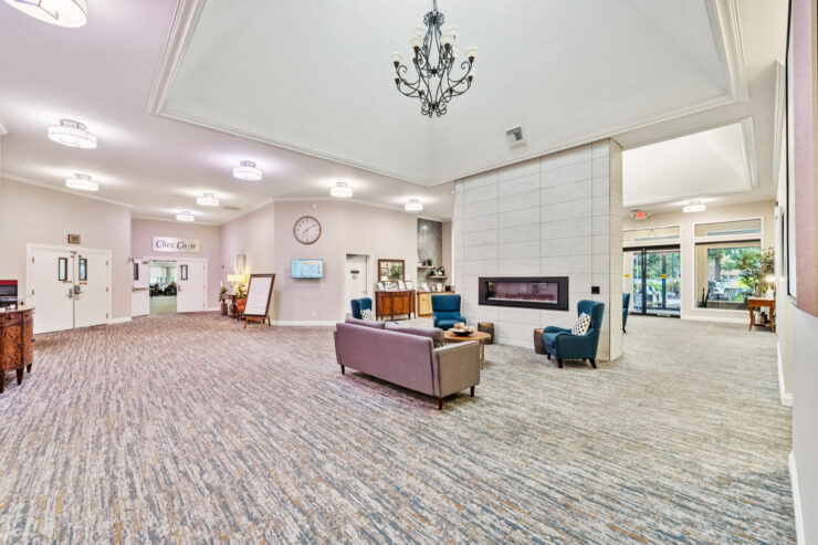 A welcoming lobby with comfortable seating, perfect for community gatherings and relaxation.