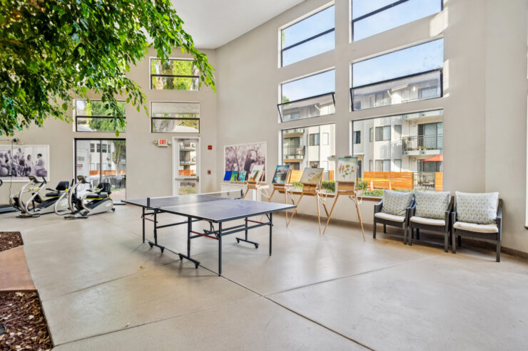 Bright, inviting space with fitness equipment, art displays, and comfortable seating for community interactions.