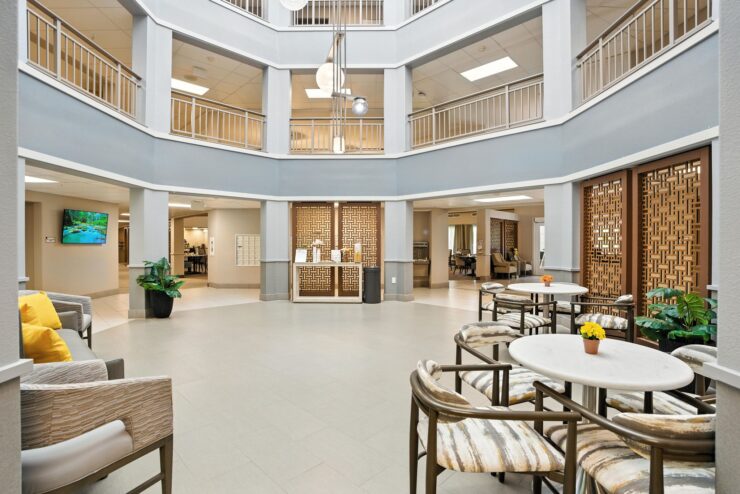 Bright and inviting common area, featuring comfortable seating and warm decor, fostering community and connection.