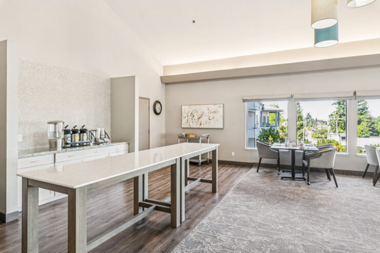Bright and inviting communal space, perfect for socializing and enjoying meals together.