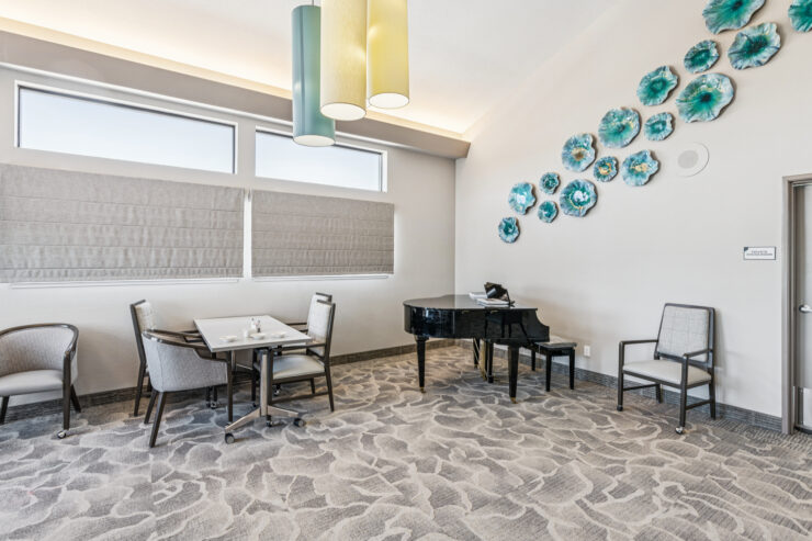 Bright, inviting space with elegant decor, perfect for gatherings and musical moments.