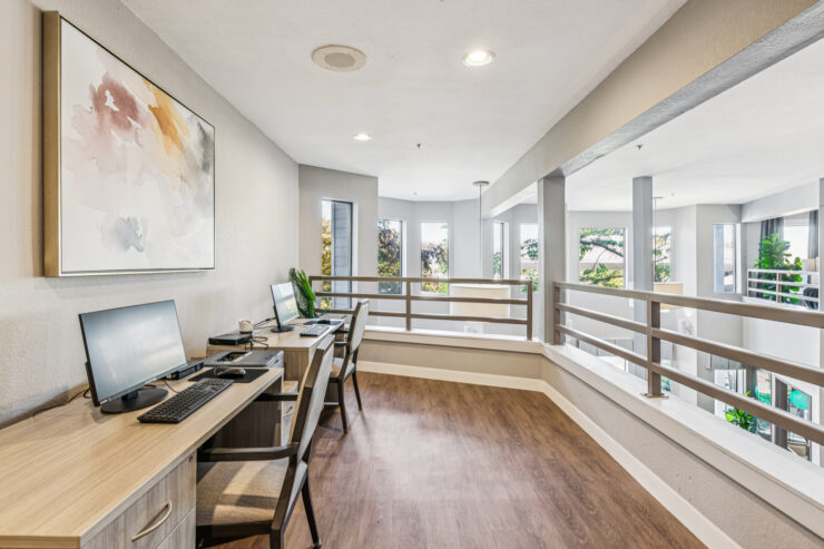 A welcoming common area with natural light, featuring workstations and a serene atmosphere for all.