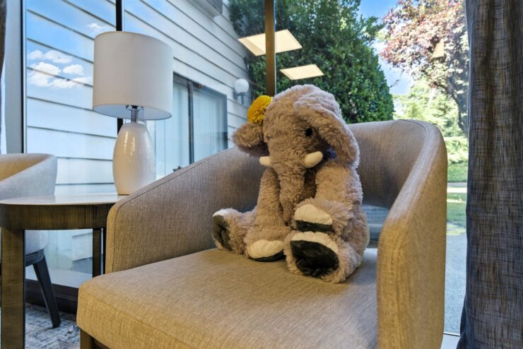 A plush elephant sits warmly on a chair, inviting comfort and a sense of community.