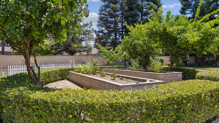 A serene garden space with lush greenery, inviting residents to enjoy nature and community activities.