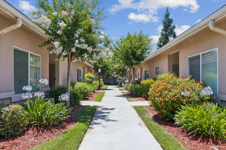 A serene pathway lined with vibrant gardens leads to welcoming homes, fostering community and comfort.