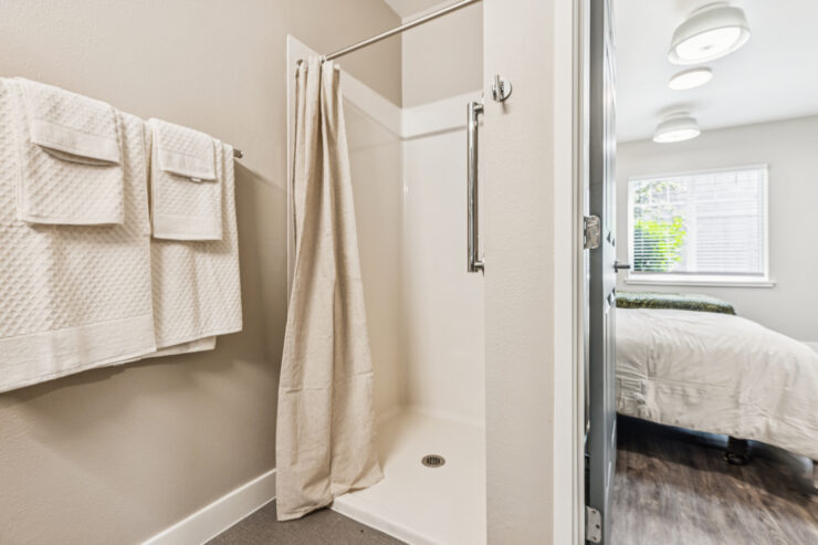 A serene bathroom setting, promoting comfort and independence, welcomes residents with warmth.