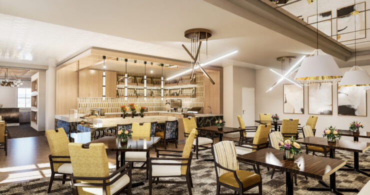 Bright and inviting dining area, featuring elegant decor and warm seating, fostering community and comfort.