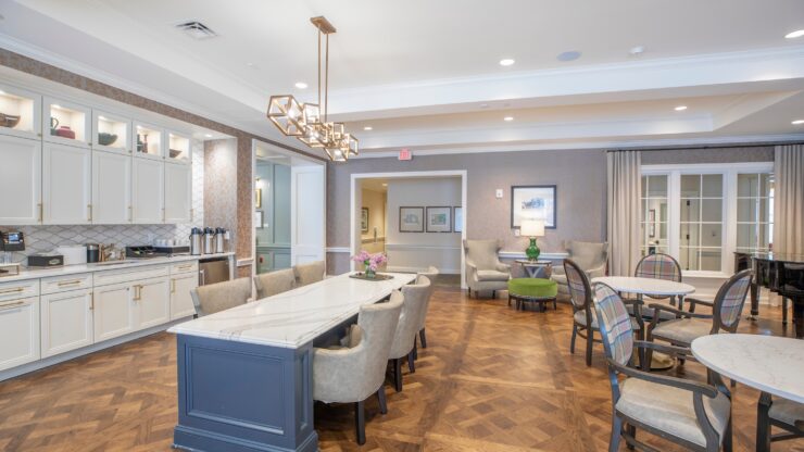 A welcoming dining area featuring elegant furnishings, perfect for community gatherings and shared meals.