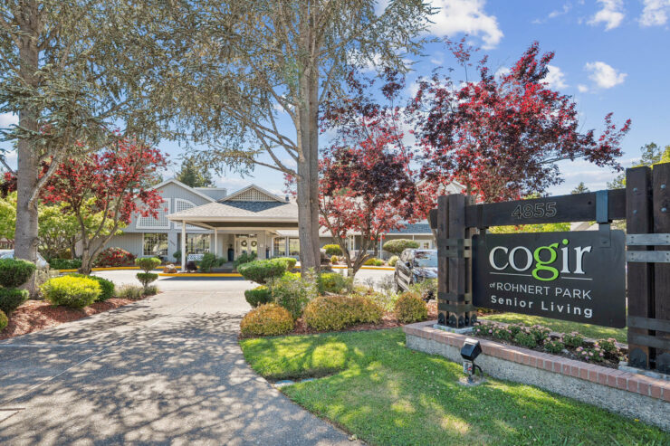 A welcoming entrance surrounded by vibrant greenery and blooming trees, inviting community and comfort.