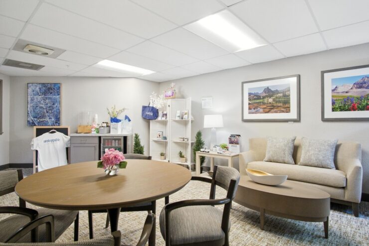 A bright, inviting space with comfortable seating and a warm atmosphere, perfect for community gatherings.