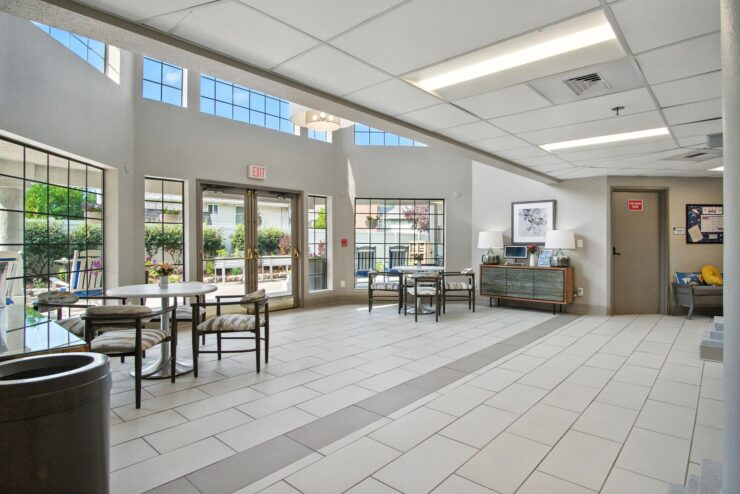 Bright and inviting common area fosters community and connection among residents.