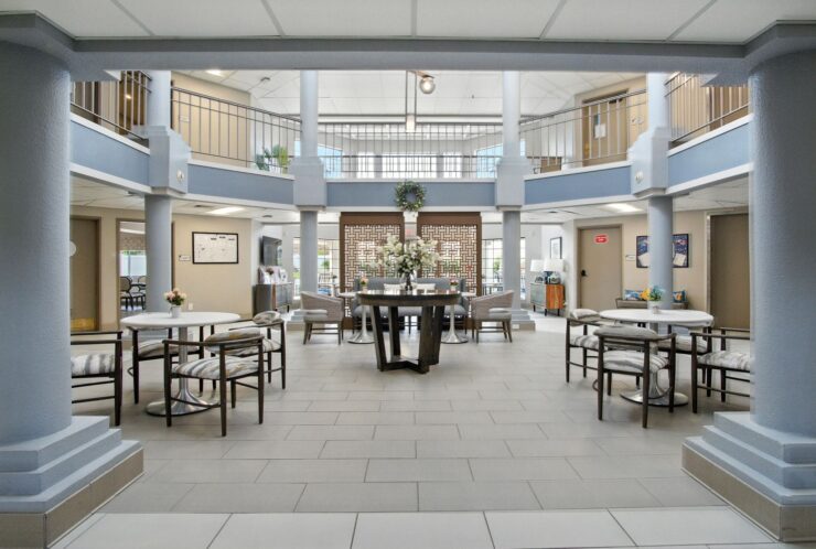 Bright and inviting common area fosters community and connection among residents.