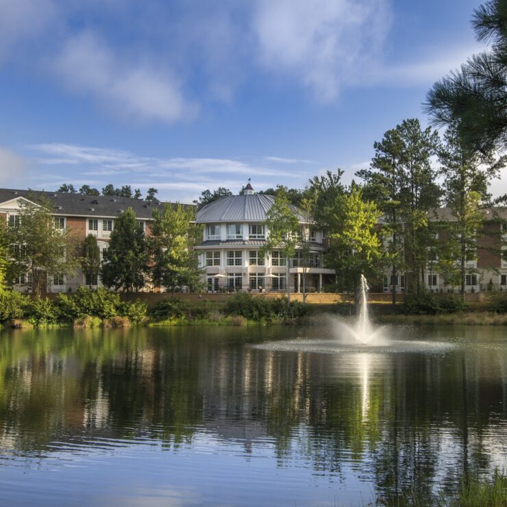 A serene lakeside view highlights a welcoming community, surrounded by lush greenery and bright skies.