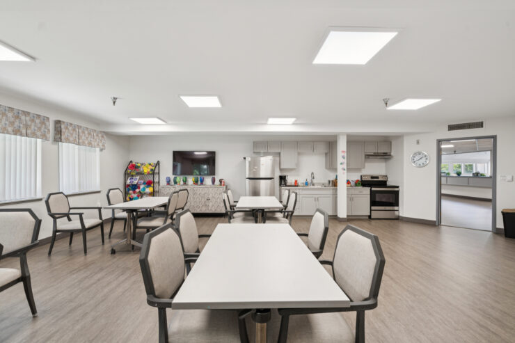 Bright and welcoming dining area, fostering community and connection among residents.