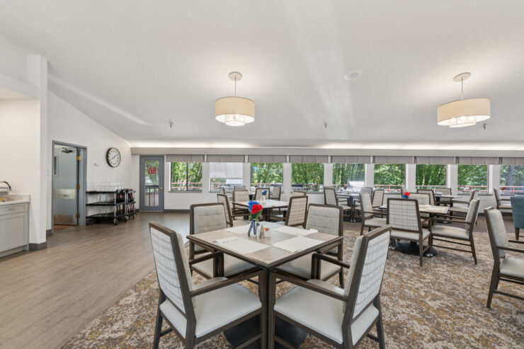 Bright and inviting dining area fostering community and connection among residents.