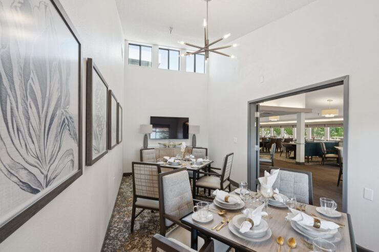 Bright and inviting dining area, thoughtfully arranged for community gatherings and shared meals.