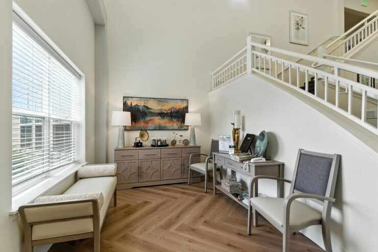 A welcoming space featuring warm lighting and comfortable seating, perfect for community gatherings.