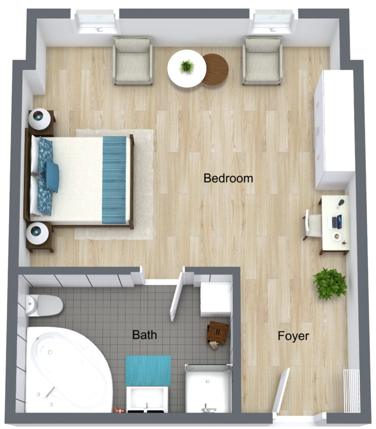 A bright, inviting layout featuring a bedroom, bath, and foyer, promoting comfort and community.