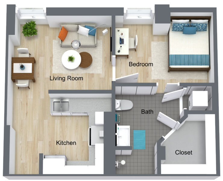 A welcoming layout featuring a living room, kitchen, and cozy bedroom, perfect for community living.