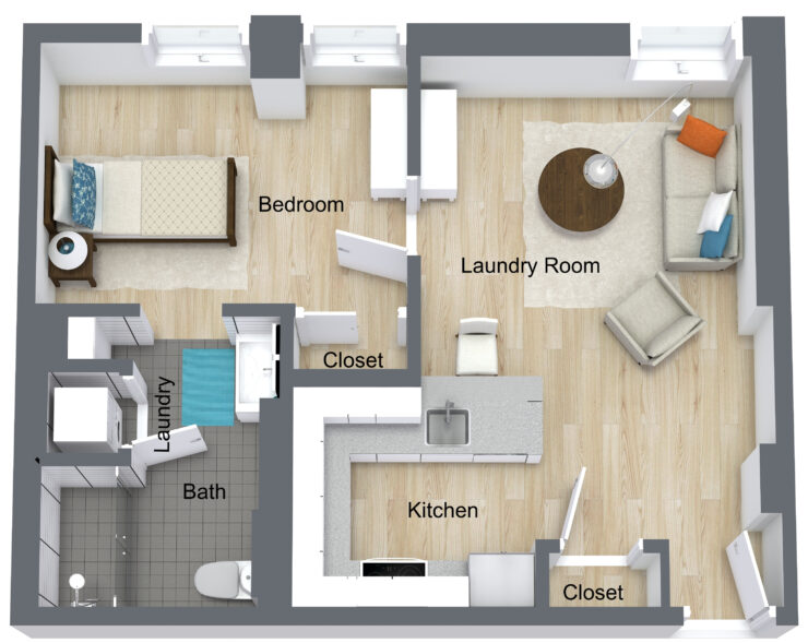 A bright, inviting layout featuring a cozy bedroom and comfortable living space, perfect for community living.