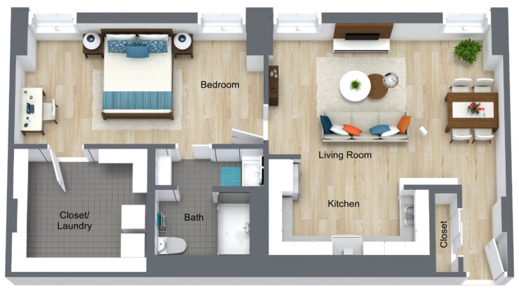 A warm, inviting layout featuring a comfortable living space and serene bedroom, perfect for community living.