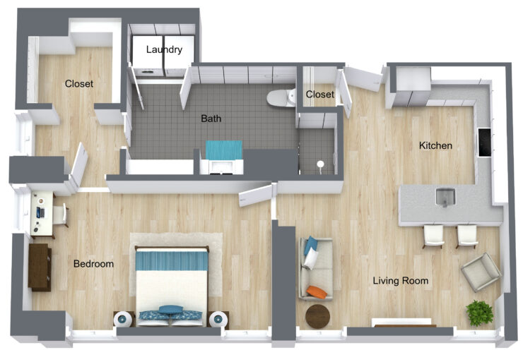 A welcoming layout featuring a bright living space, cozy bedroom, and modern kitchen, perfect for community living.
