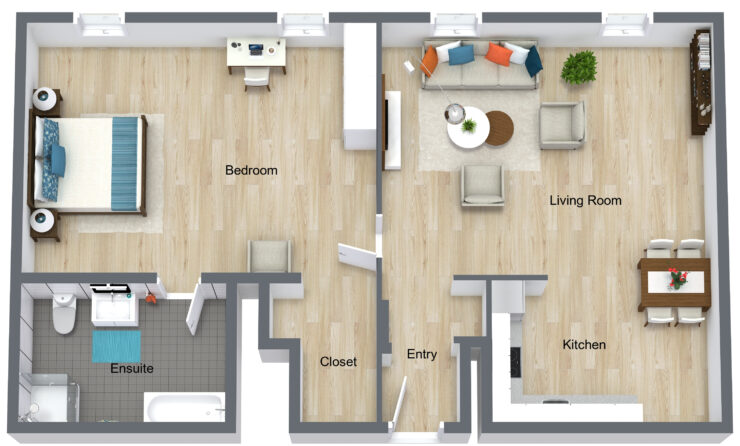 Bright, inviting spaces feature a comfortable living area and a cozy bedroom, perfect for community living.