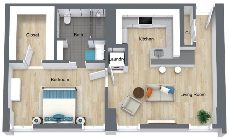 This inviting floor plan features a spacious living area and cozy bedroom, perfect for community living.