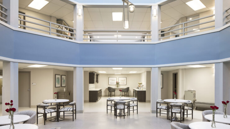 Bright and inviting communal space fosters connection and comfort, perfect for residents to gather.