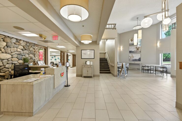 A welcoming reception area with bright lighting, inviting spaces, and a sense of community.