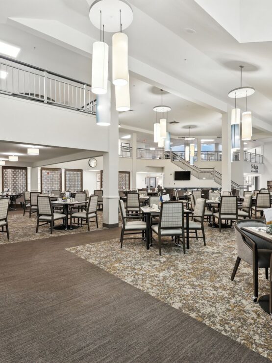 Bright and inviting dining area, fostering community and comfort for residents and guests.