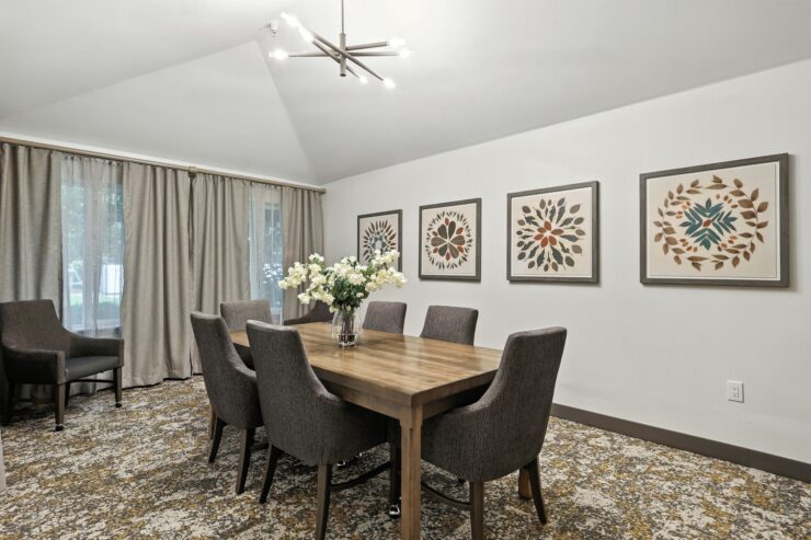 A welcoming dining area with elegant decor, inviting comfort for community gatherings and connection.