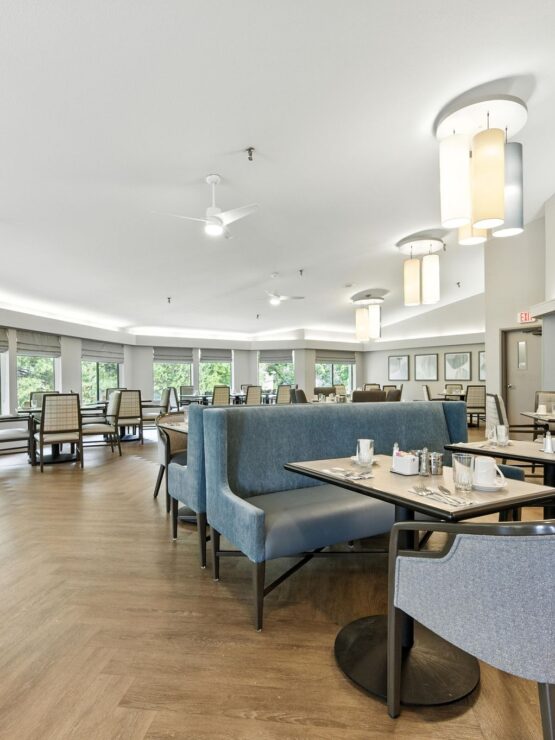 A bright, inviting dining area fostering community and connection among residents.