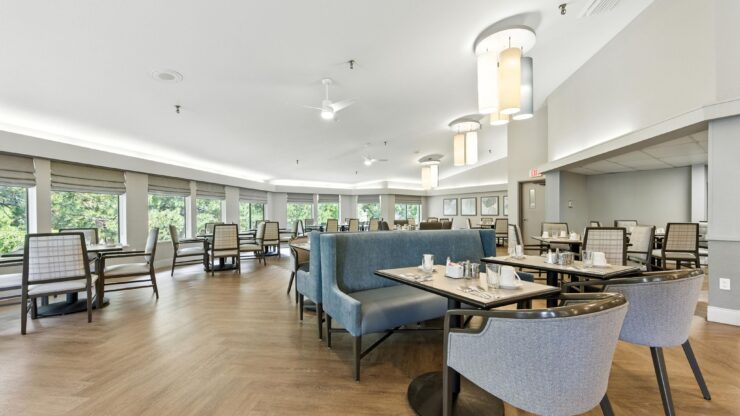 A bright, inviting dining area fostering community and connection among residents.