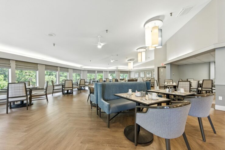 A bright, inviting dining area fostering community and connection among residents.