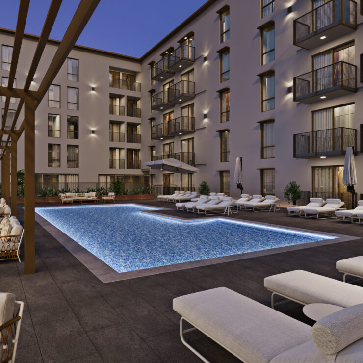 A serene outdoor space with a sparkling pool, inviting lounge chairs, and lush greenery, perfect for community gatherings.