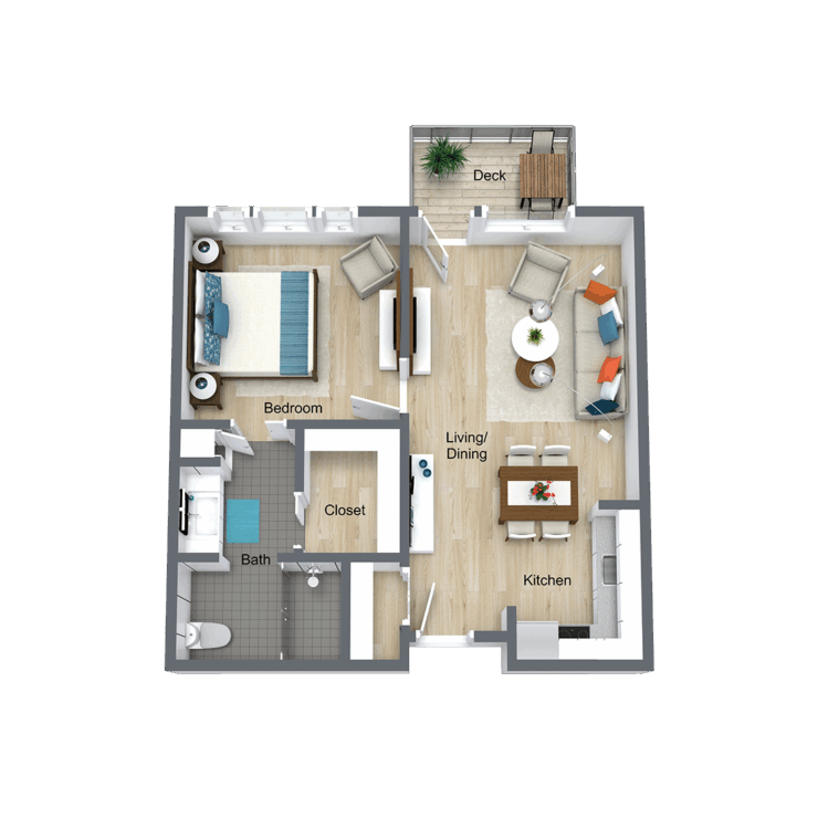Inviting layout featuring a comfortable living space, serene bedroom, and a charming deck for relaxation.
