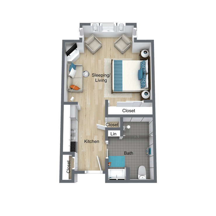 A welcoming layout featuring a comfortable living space and well-equipped kitchen, perfect for community living.