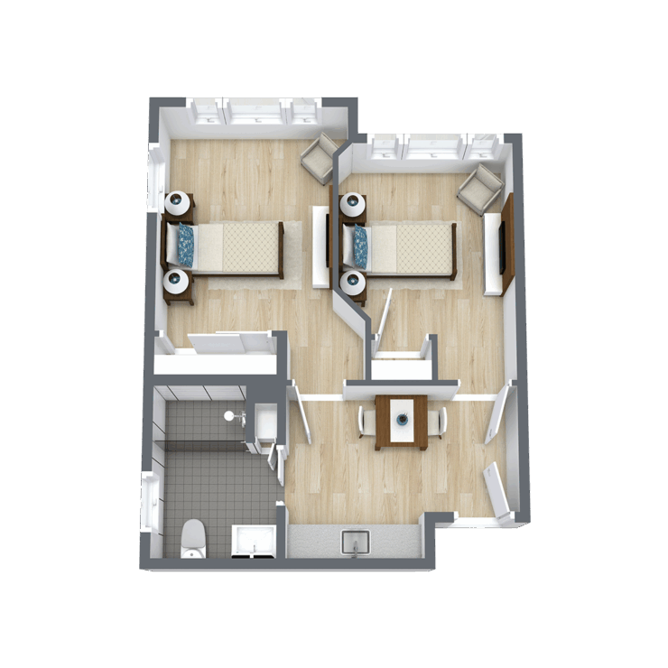 Bright, inviting layout with two bedrooms and shared living space, fostering comfort and connection.