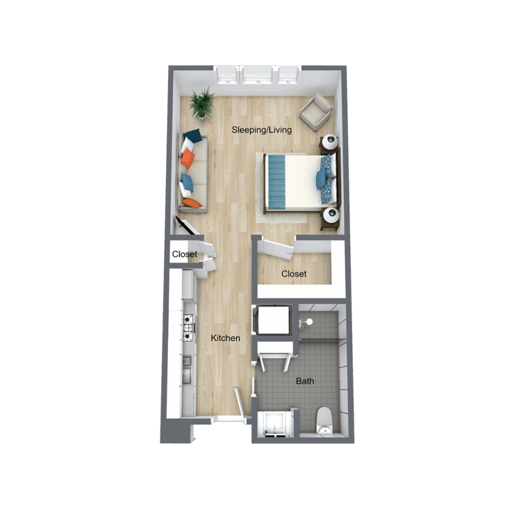 A welcoming layout featuring a bright living area, kitchen, and comfortable sleeping space, perfect for community living.