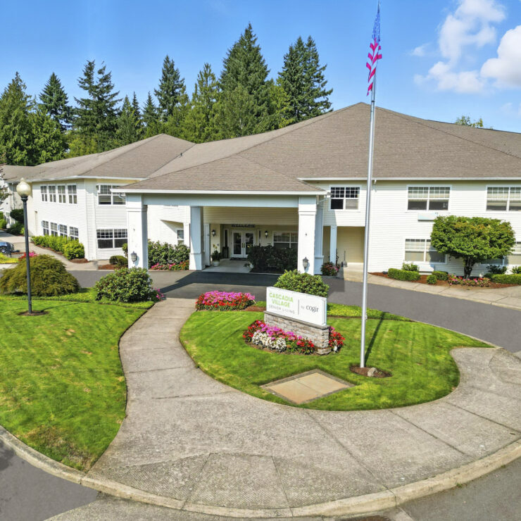 Well-maintained senior living community with landscaped gardens and a welcoming entrance.