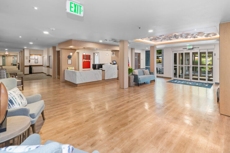 Bright and welcoming lobby with comfortable seating and a friendly reception area.
